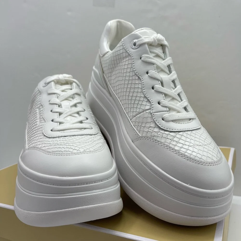 MICHAEL Kors All-White Platform Sneakers HAYES LACE UP EMBOSSED PRINTED LEATHER